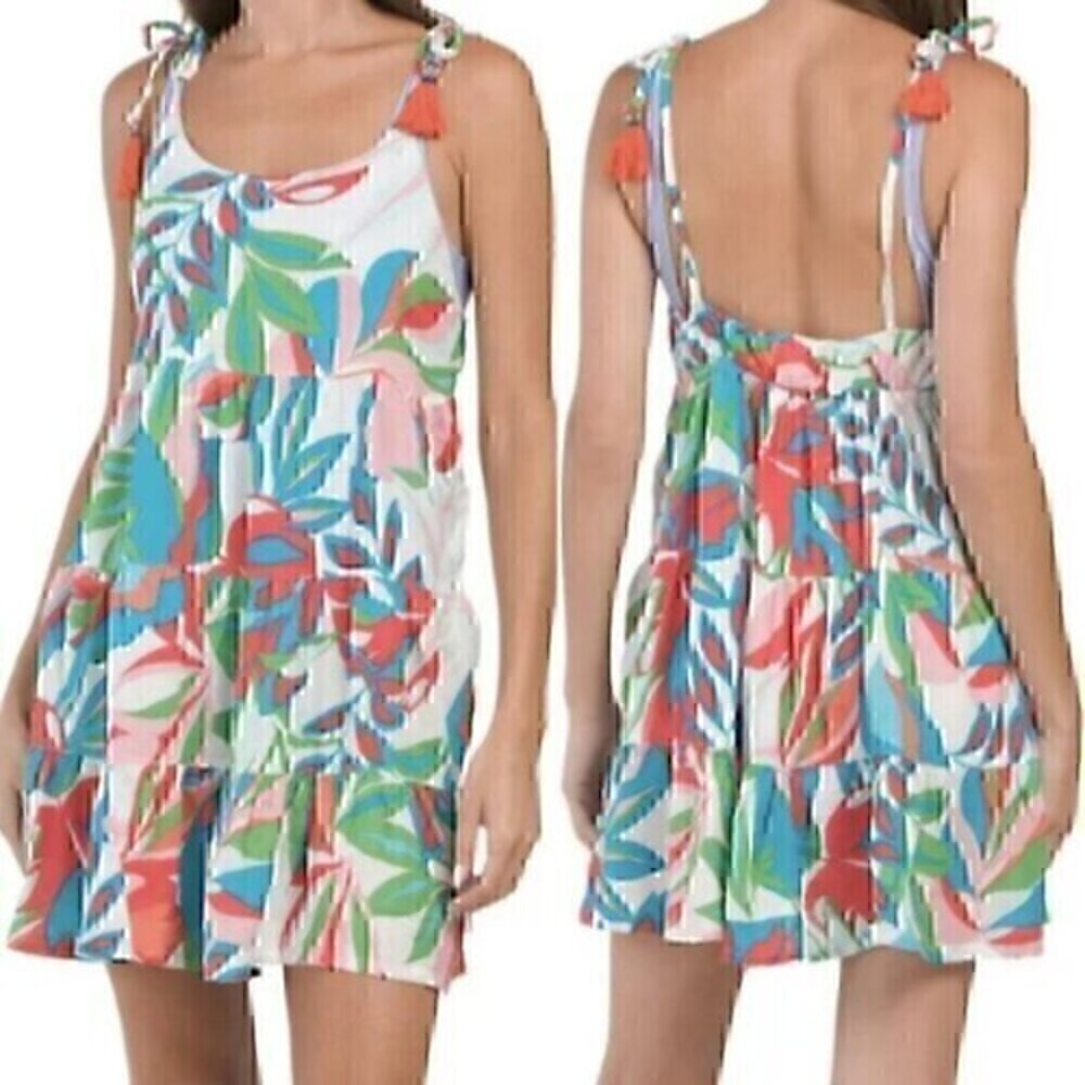 C&C CALIFORNIA White Blue Tropical Leaf Leaves Floral Linen Tie Shoulder Dress L